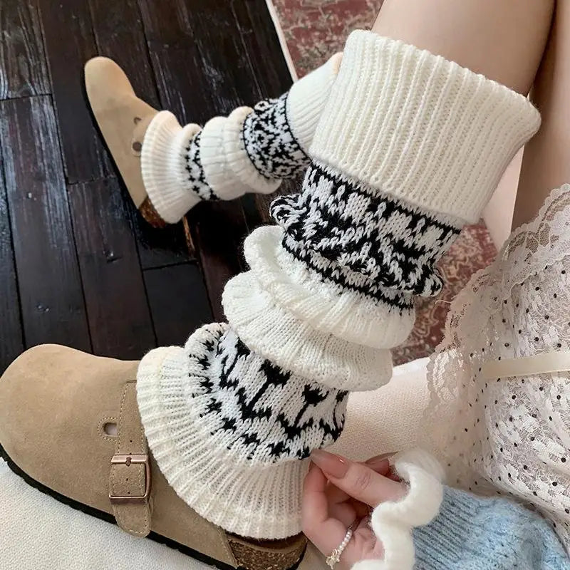 Patterned Knit Leg Warmers with Foldable Ribbed Cuffs