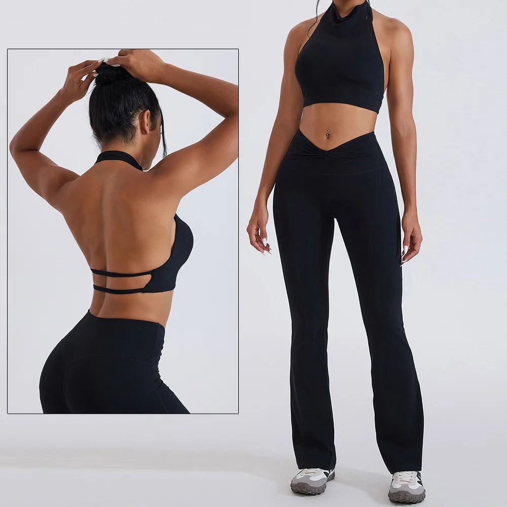 Women's Zip-Front Crop Top and Flared Pants Workout Set
