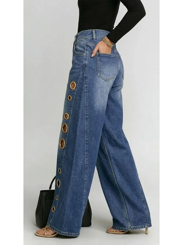 Women's Side Grommet Wide Leg Denim Jeans For Everyday Outfits