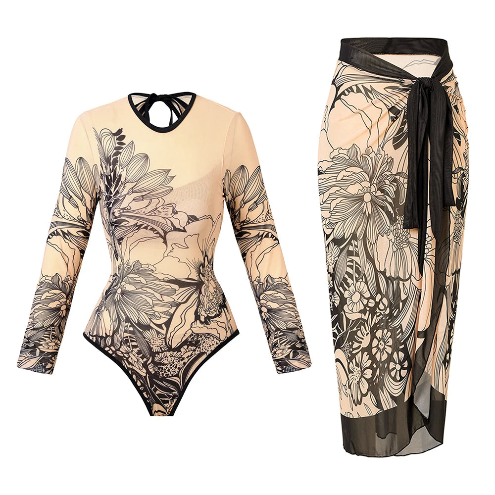 Printed Long Sleeve Swimsuit with Matching Skirt