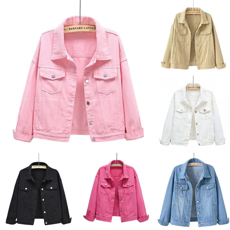 Women's Cotton-Elastane Long-Sleeve Button-Front Collared Denim Jacket with Pockets for Casual Outfits