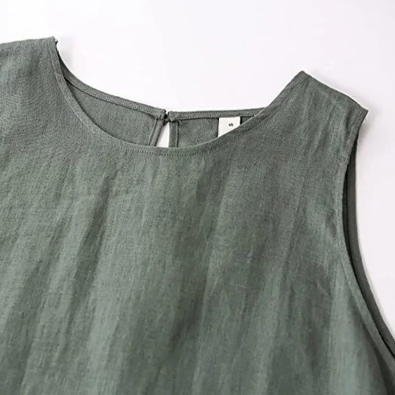 Women's Linen Sleeveless Loose A-Line Dress with Round Neck and Asymmetric Hem