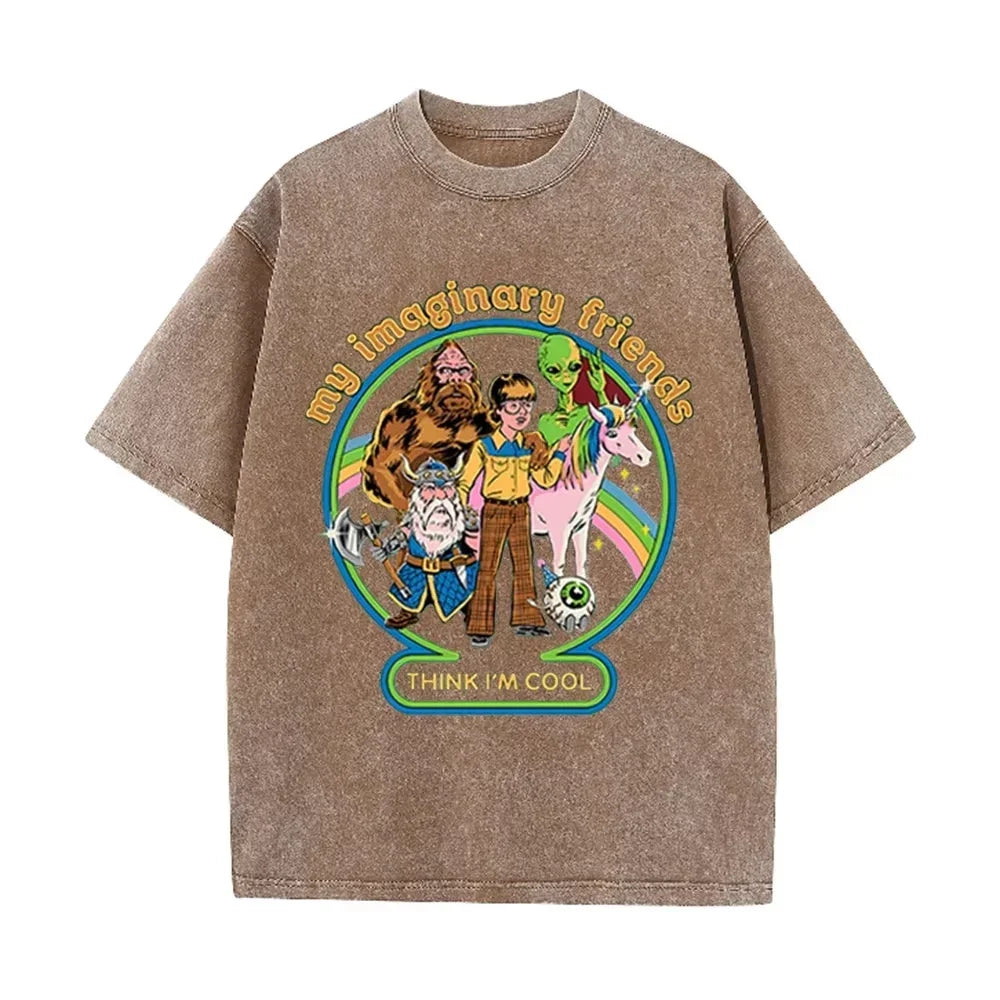 Brown Acid Wash Imaginary Friends Graphic Casual Retro Streetwear Tee