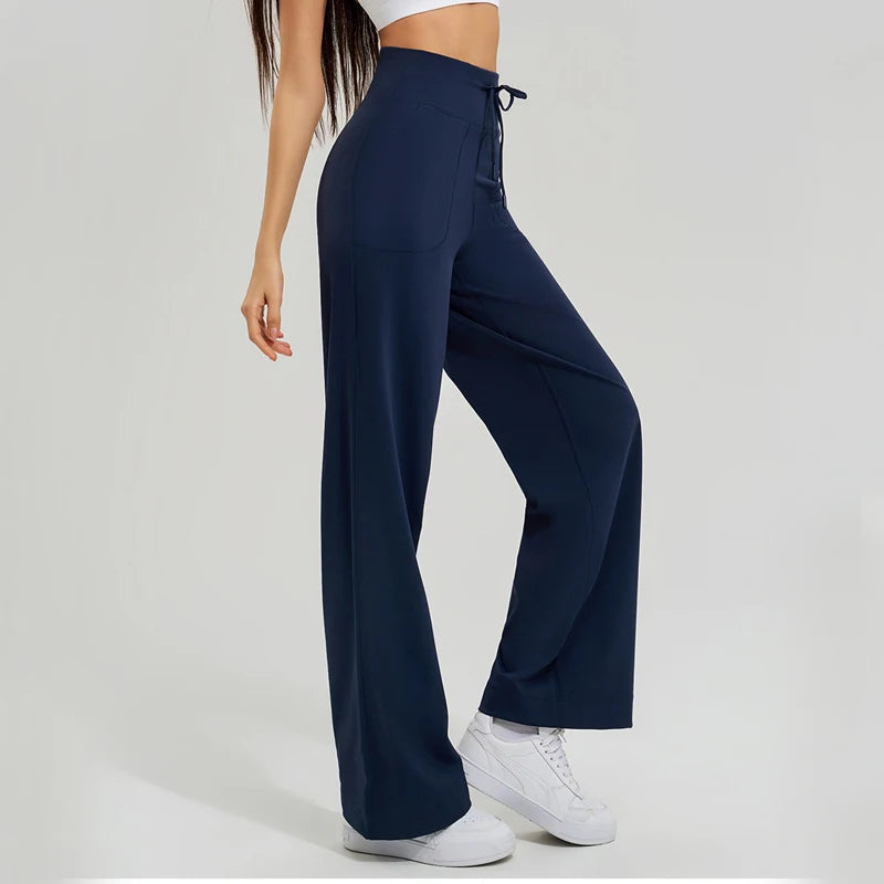 Women's Drawstring Waist Nylon Blend Wide Leg Pants for Yoga Practice