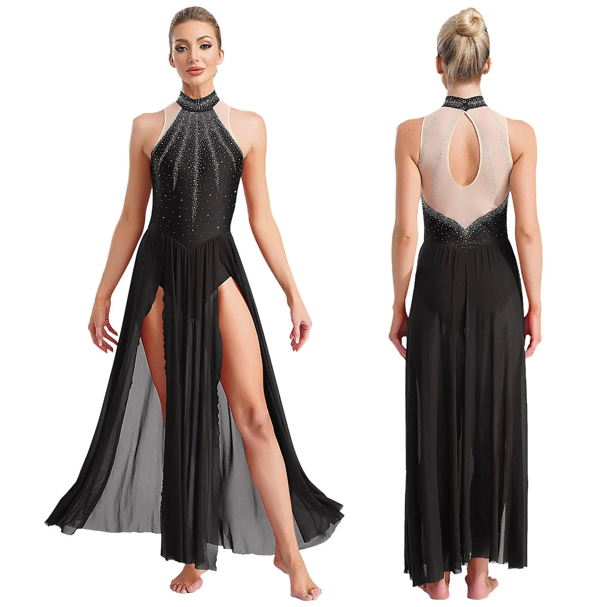 Women's Sleeveless Rhinestone Lyrical Dance Dress with Long Split Mesh Skirt