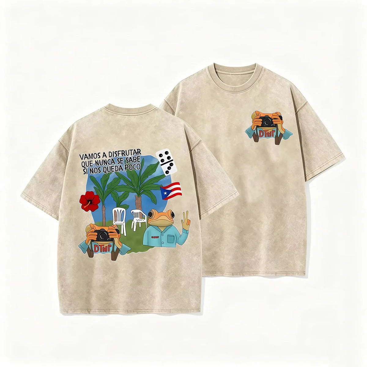 Puerto Rico Flag Frog Vamos A Disfrutar Quote Print Washed Beige Travel Lover T-shirt