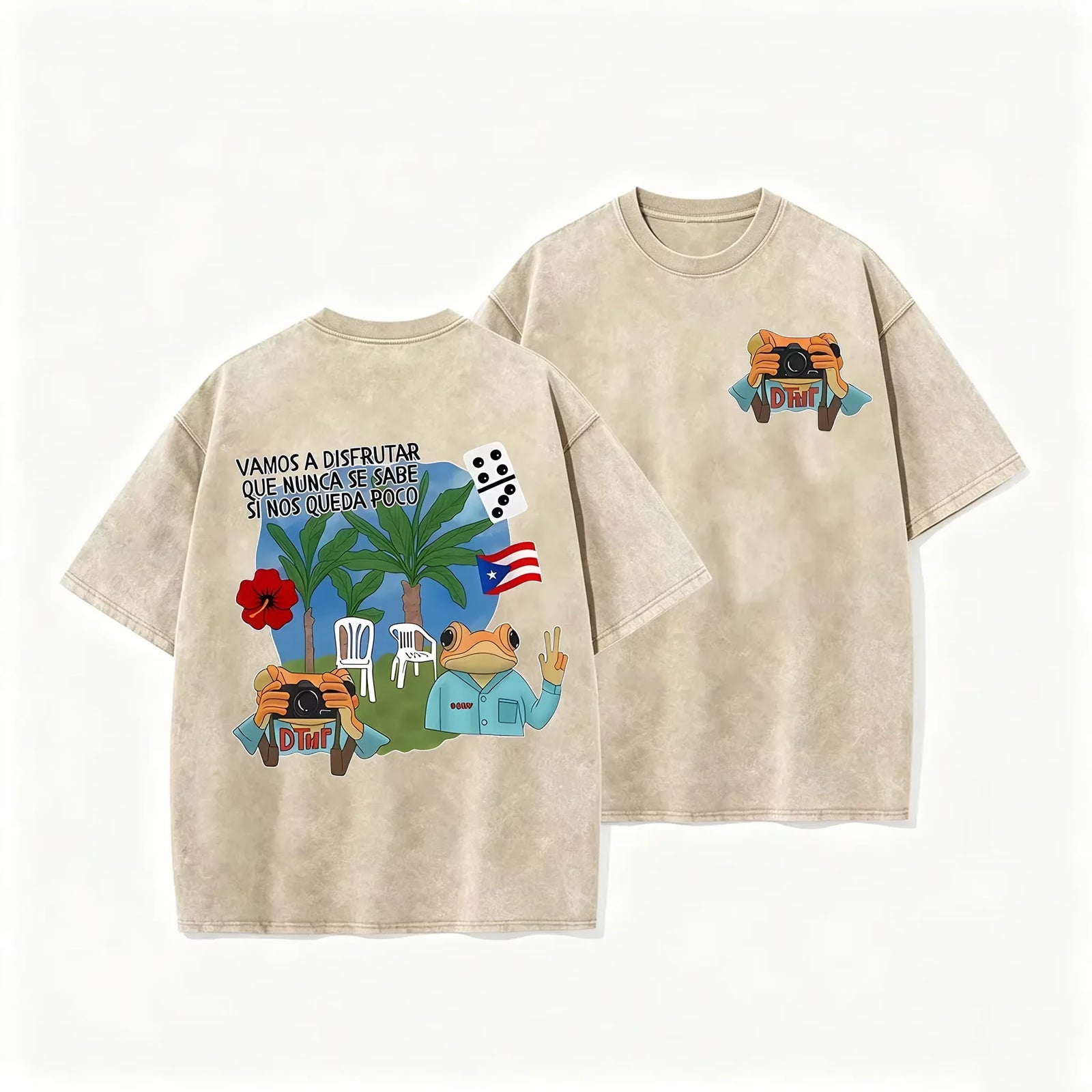 Puerto Rico Flag Frog Vamos A Disfrutar Quote Print Washed Beige Travel Lover T-shirt