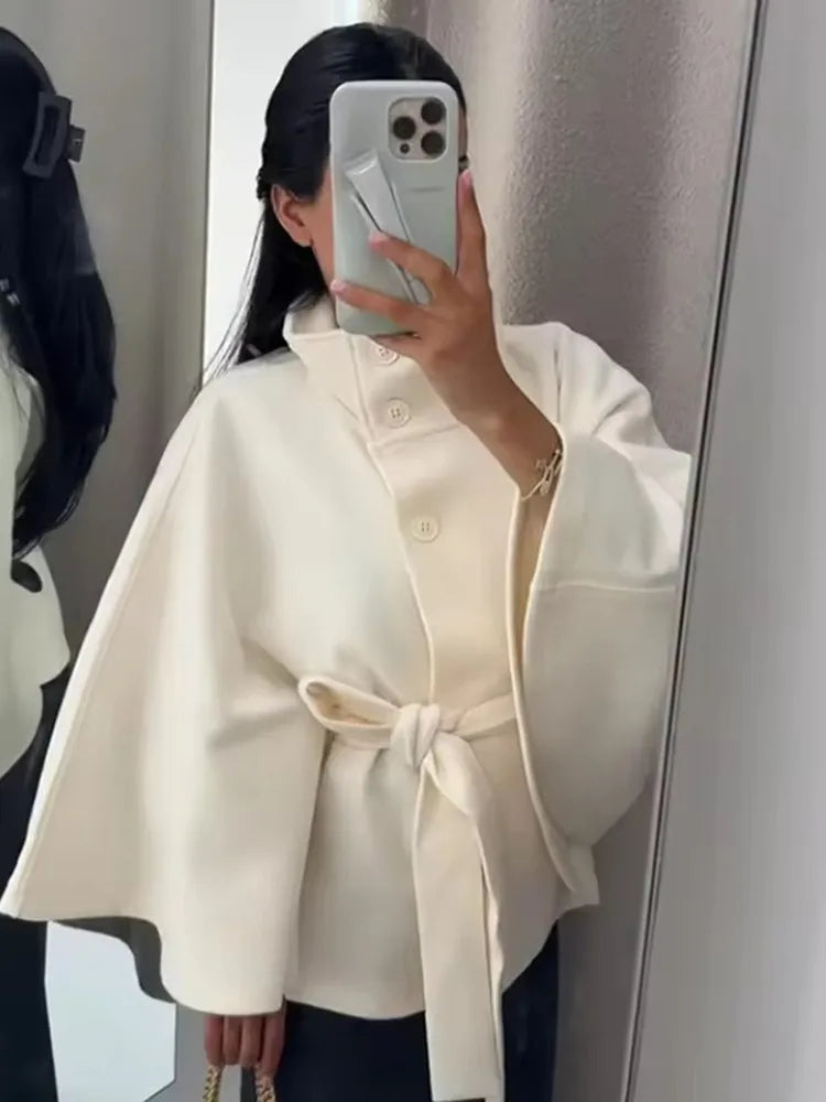 Belted Stand Collar Cape for Layering over Outfits