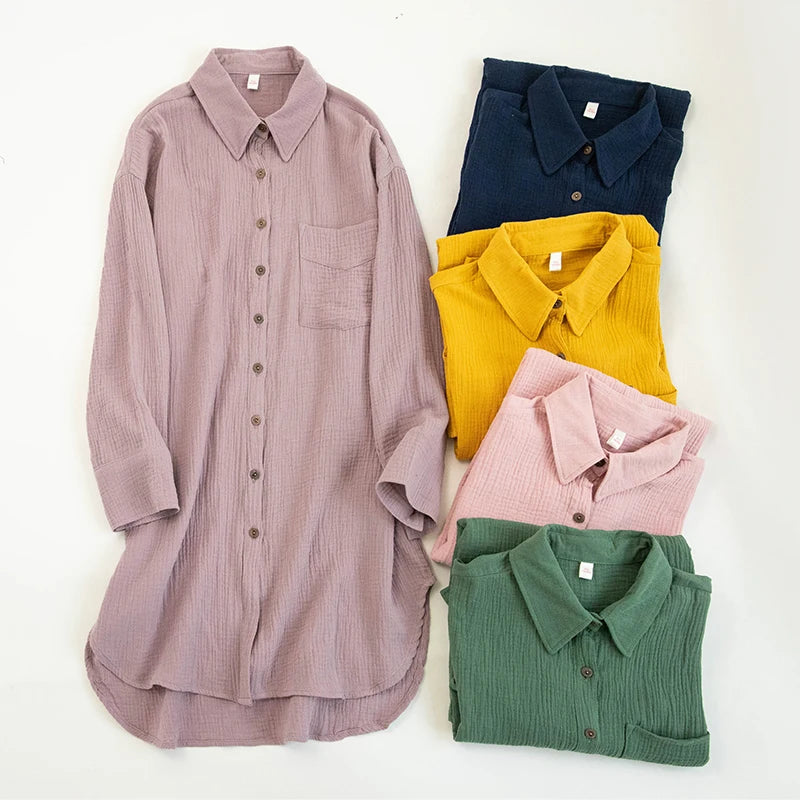 Women's Cotton Long-Sleeve Collared Loose A-Line Mini Shirt Dress with Front Buttons