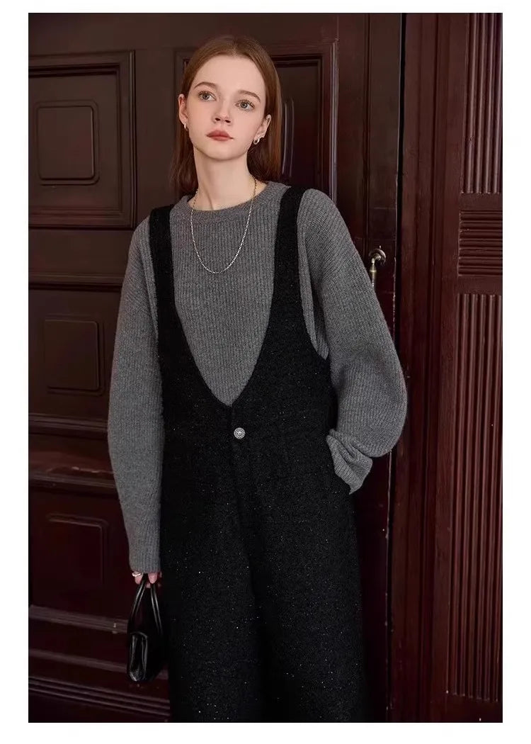 Vintage thick cashmere knitwear women's fall/winter loose shoulder crew neck sweater base sweater