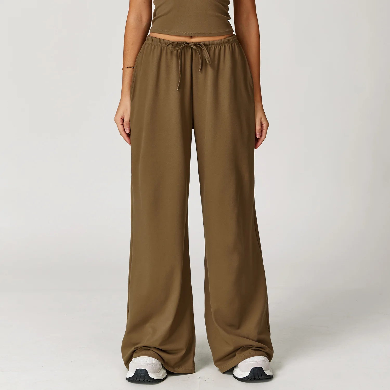 Women's Drawstring Waist Polyester Blend Wide Leg Pants with Side Pockets