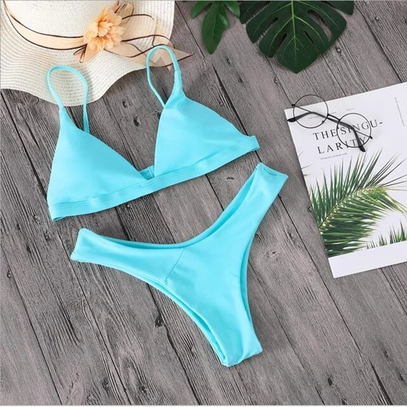 Women's Triangle Bikini Top and High Cut Briefs Swim Set