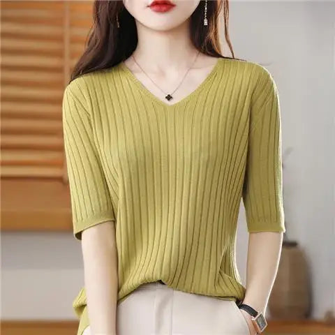 Women's V Neck Short Sleeve Sweater Casual Knit Layer