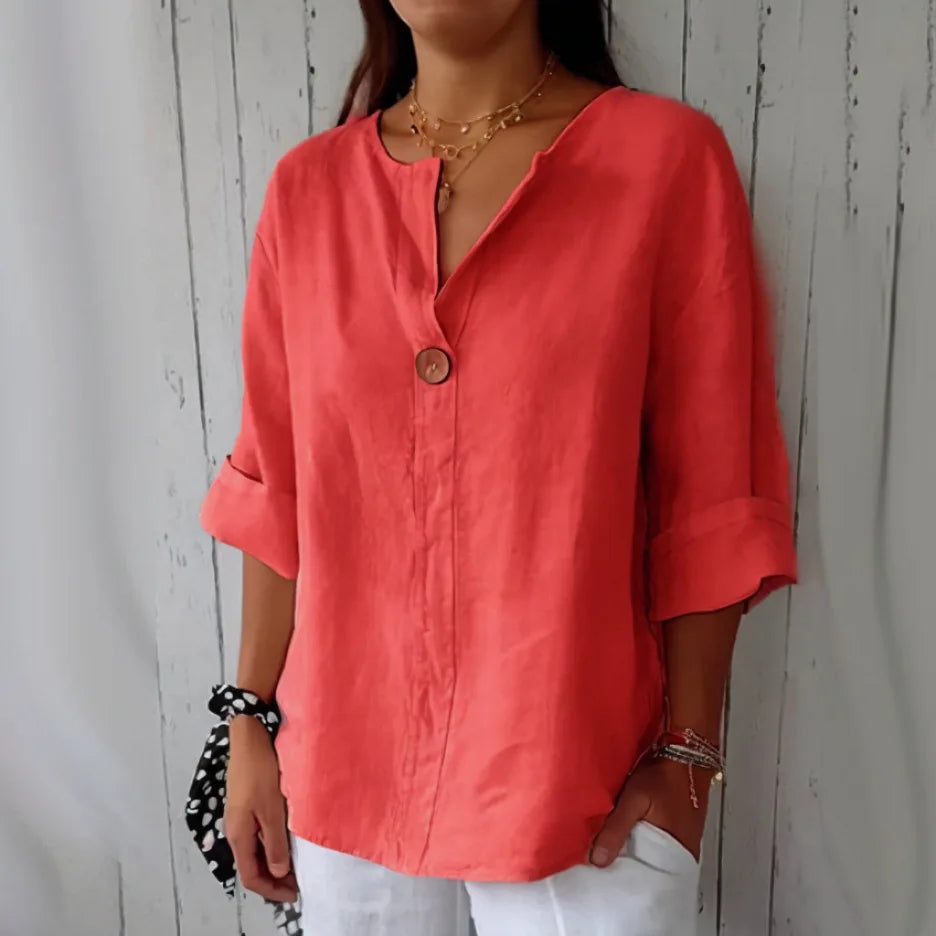 Women's V Neck Roll Sleeve Blouse