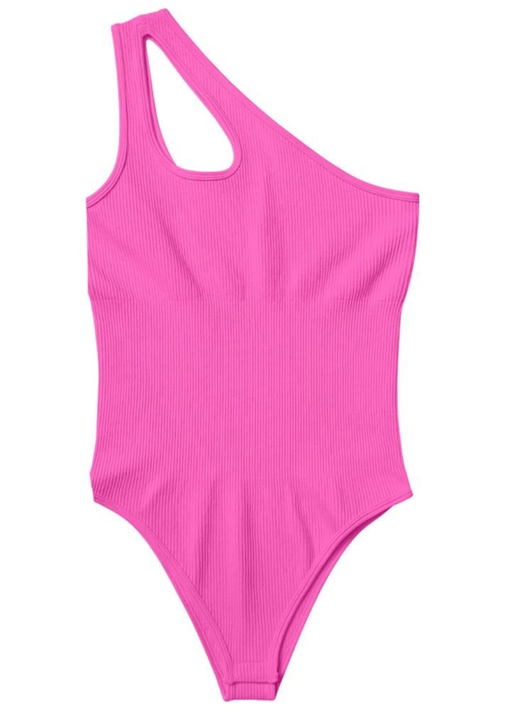 Women's One Shoulder Ribbed Nylon Blend Bodysuit with Strap Cutout