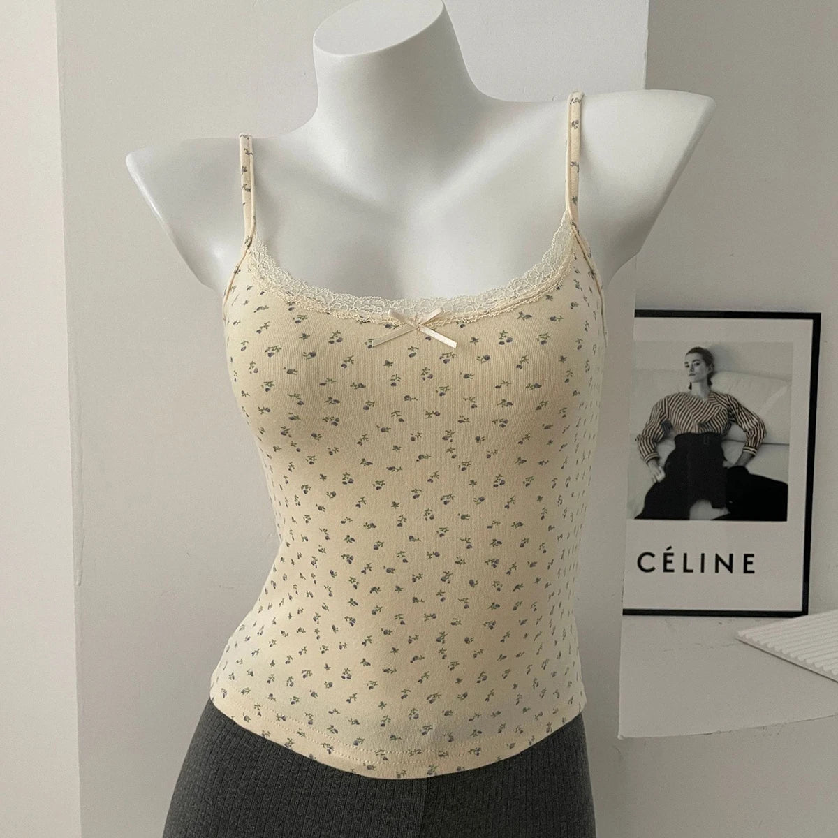 Women's Lace Trim Cotton Camisole with Bow Detail and Multiple Pattern Options