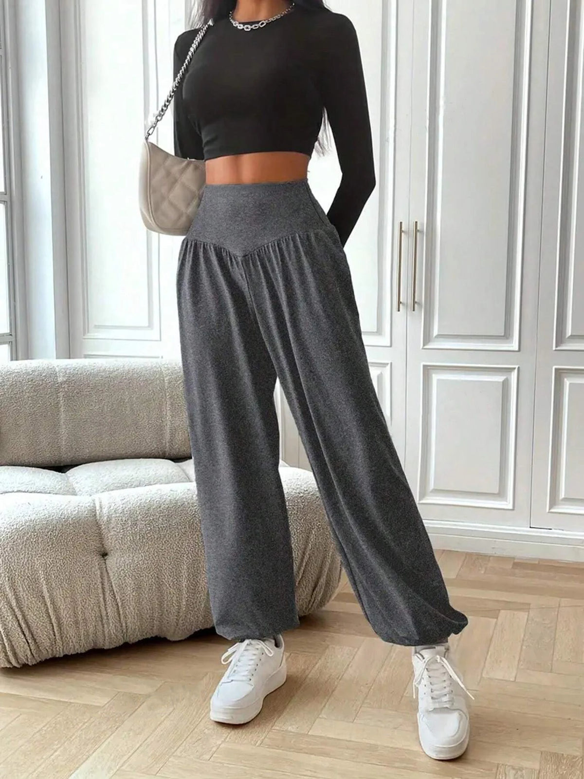 Women's Elastic Waist Polyester Blend Workout Pants with Loose Legs and Gathered Ankles
