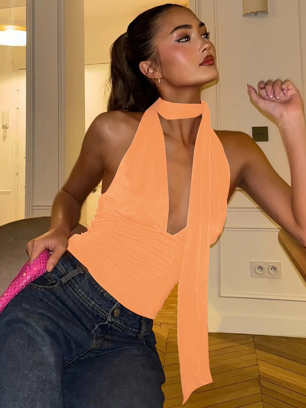 Women's Scarf Tie Polyester Blend Halter Crop Top with Deep V Neck