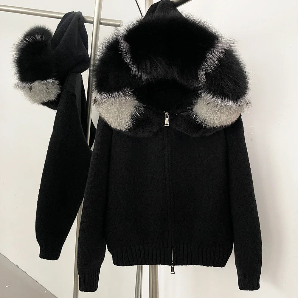 Women's Hooded Zip Front Fluffy Trim Jacket Casual Knit Layer
