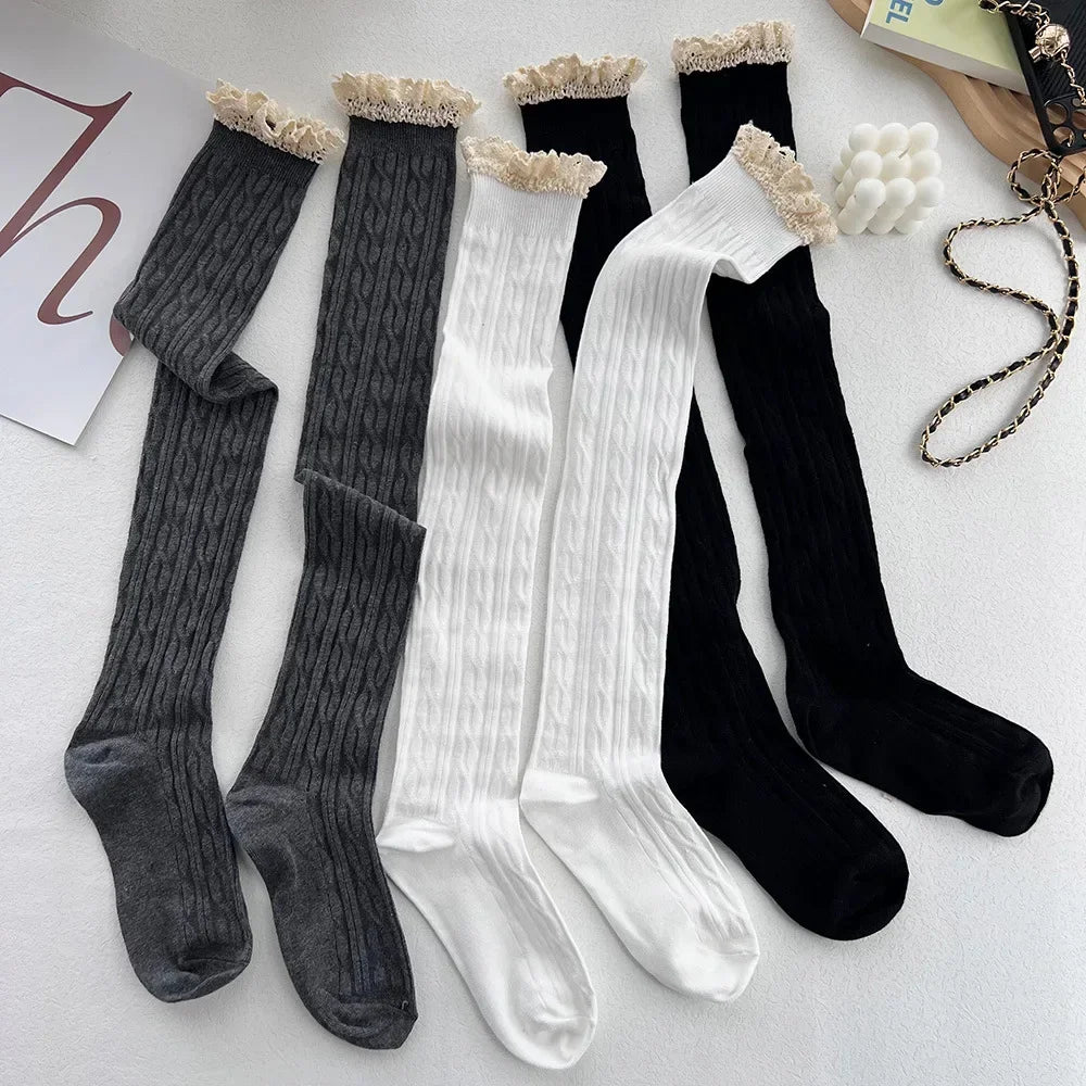 Lace Cuff Thigh High Socks with Solid Knit Body