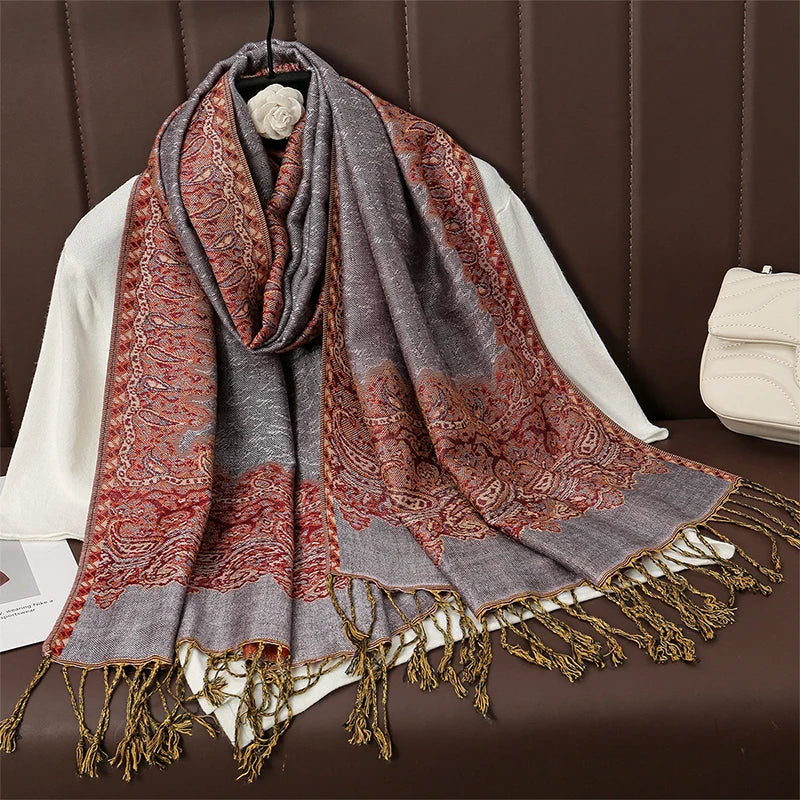 Paisley Floral Print Long Scarf with Fringed Ends