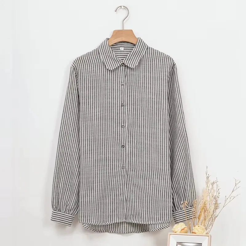 Women's Cotton-Linen Striped Long-Sleeve Shirt with Classic Collar for Casual Everyday Outfits