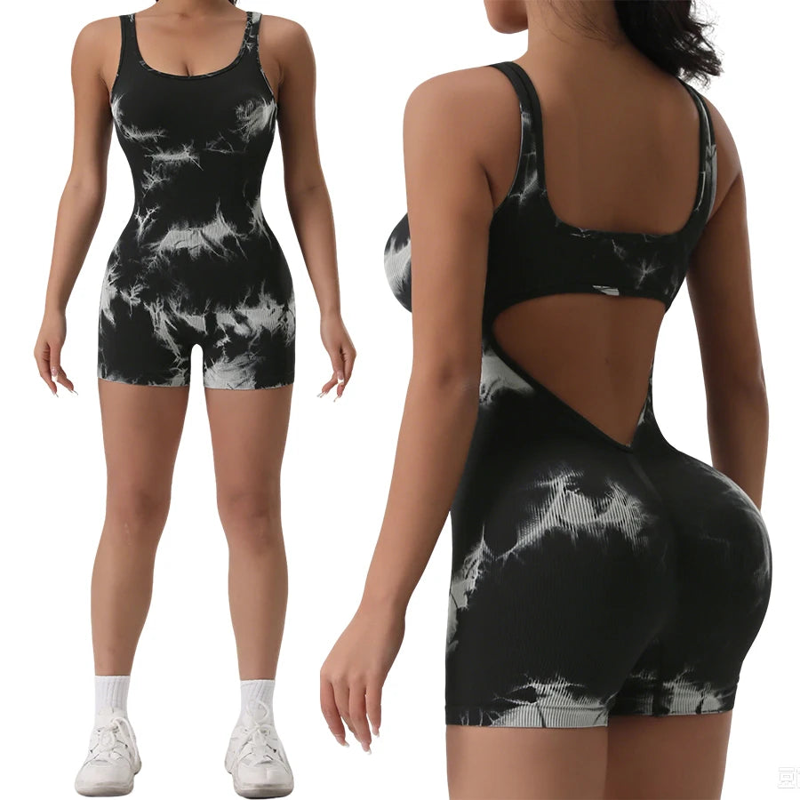 Women's Open Back Nylon Blend Workout Romper with Tank Neckline and Short Legs