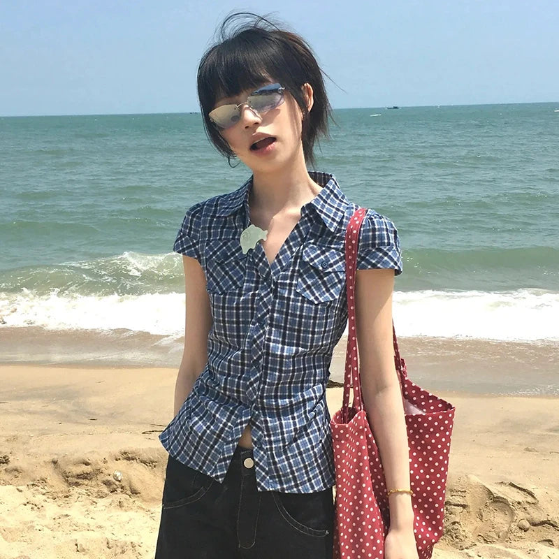 Women's Checked Collared Short Sleeve Shirt