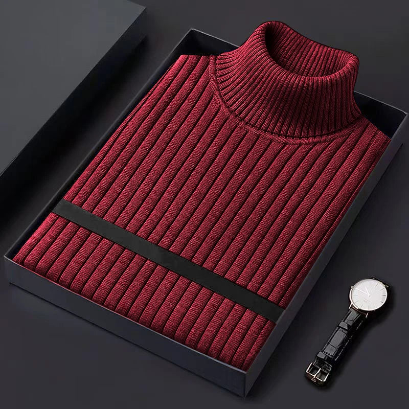 Men's Ribbed Turtleneck Sweater with Contrast Stripe