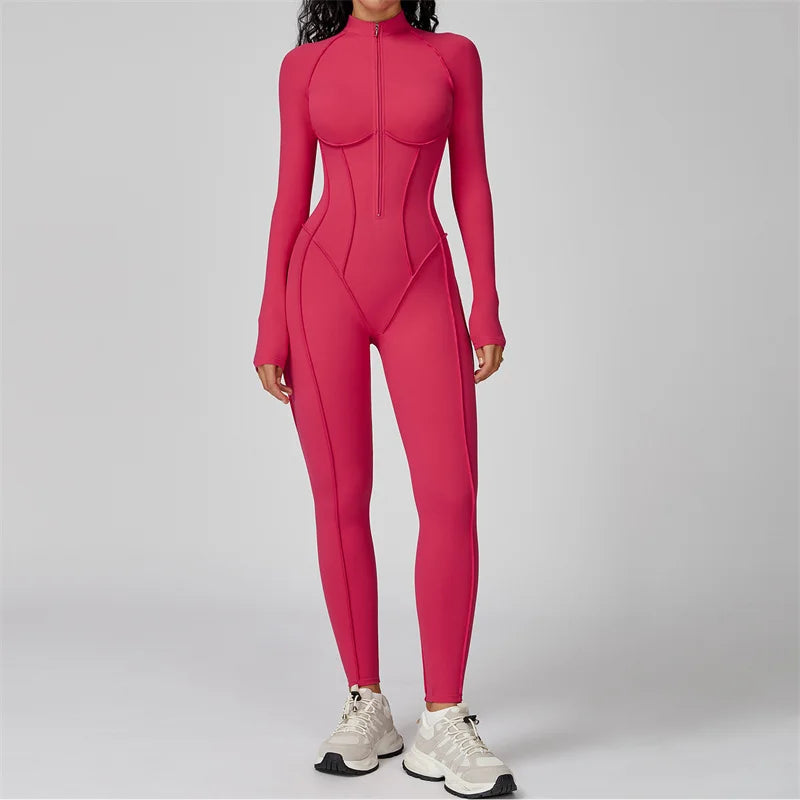 Women's Long Sleeve Nylon Blend Half Zip Workout Jumpsuit with Panel Seams