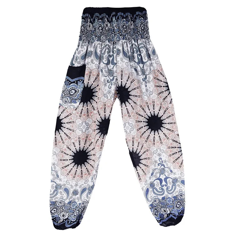 Women's Printed Nylon Harem Pants with Smocked Waist and Convertible Styling