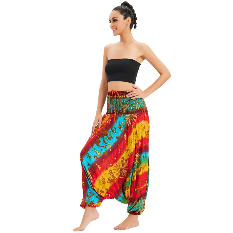 Women's Printed Rayon Harem Pants with Elastic Waist and Convertible Styling
