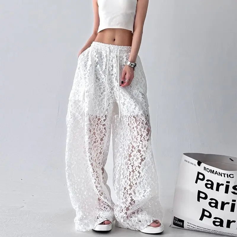 Women's Wide Leg Lace Pants with Short Lining and Pockets