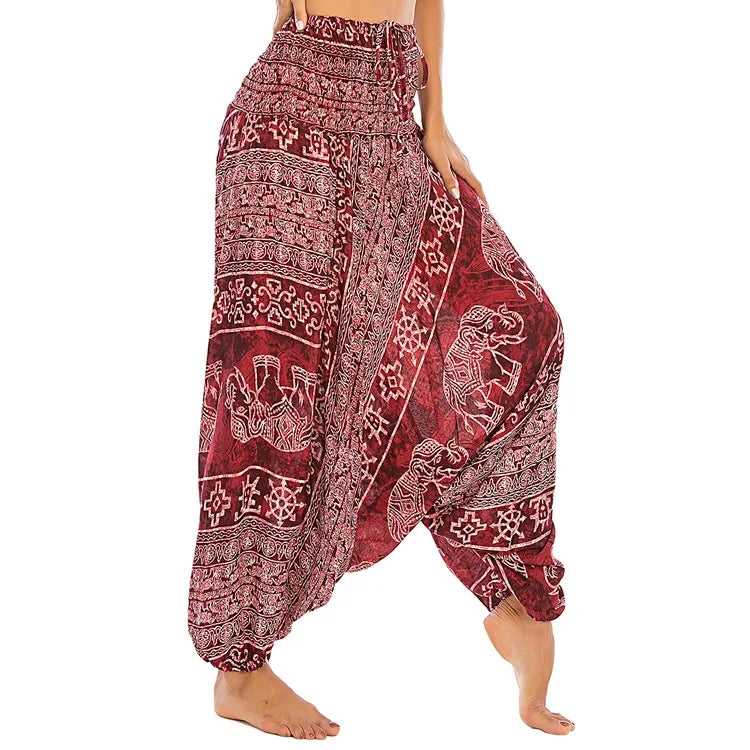 Women's Printed Nylon Harem Pants with Smocked Waist and Convertible Styling