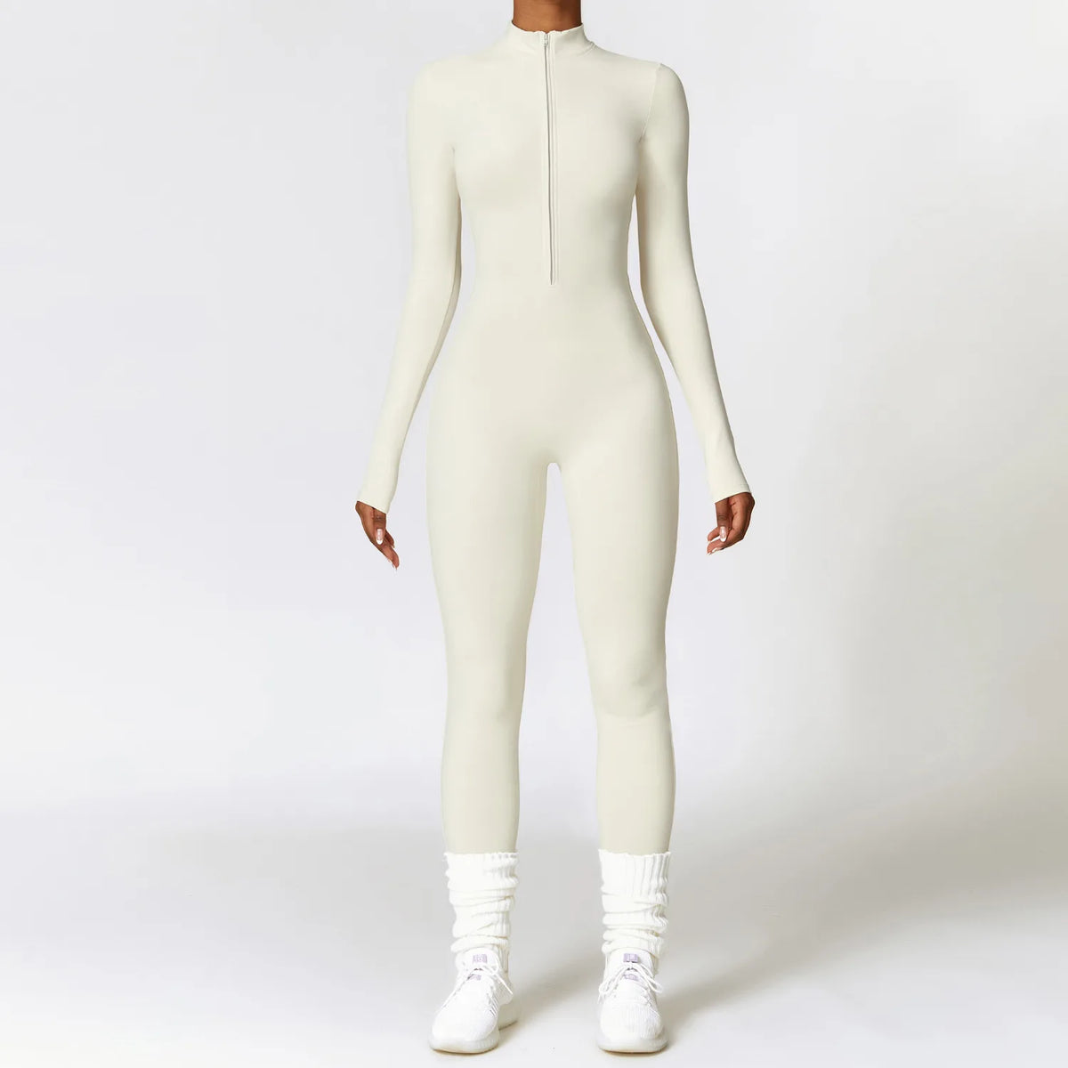 Women's Long Sleeve Nylon Blend Workout Jumpsuit with Front Zipper and Collar