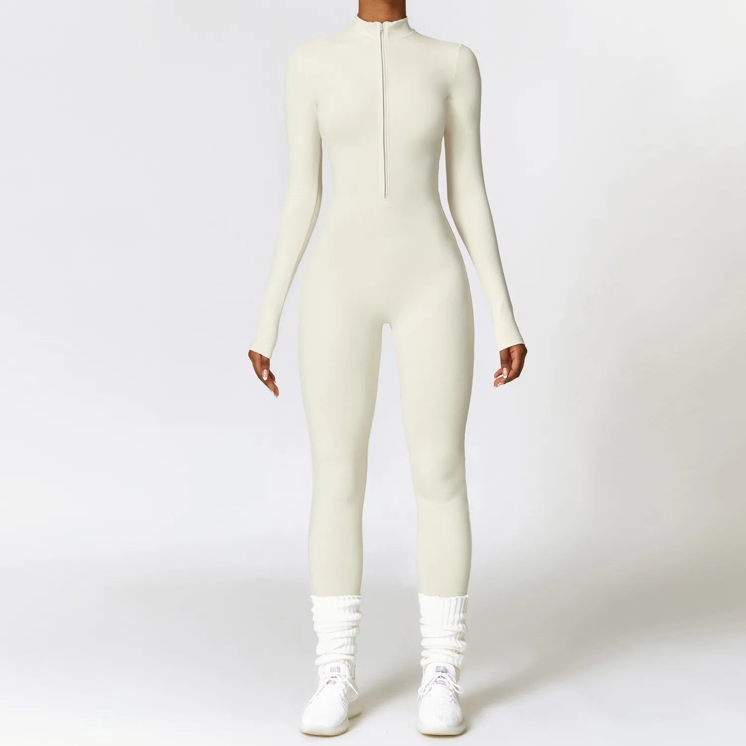 Women's Long Sleeve Nylon Blend Workout Jumpsuit with Front Zipper and Collar
