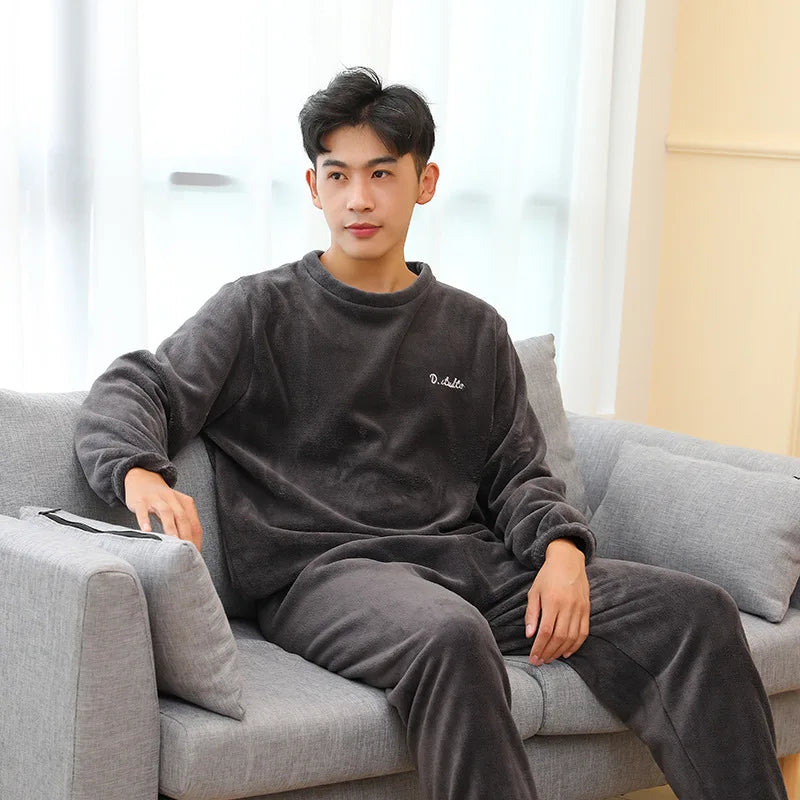 Men's Textured Long Sleeve Crew Neck Top and Pants Pajama Set