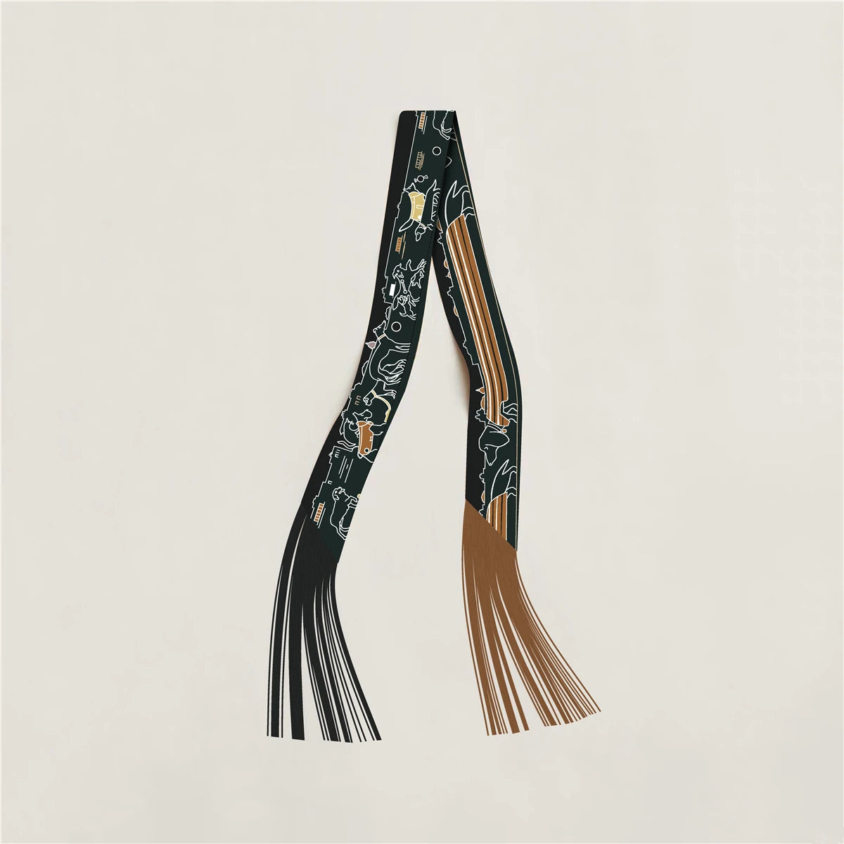 Printed Narrow Ribbon Scarf with Decorative Fringed Ends