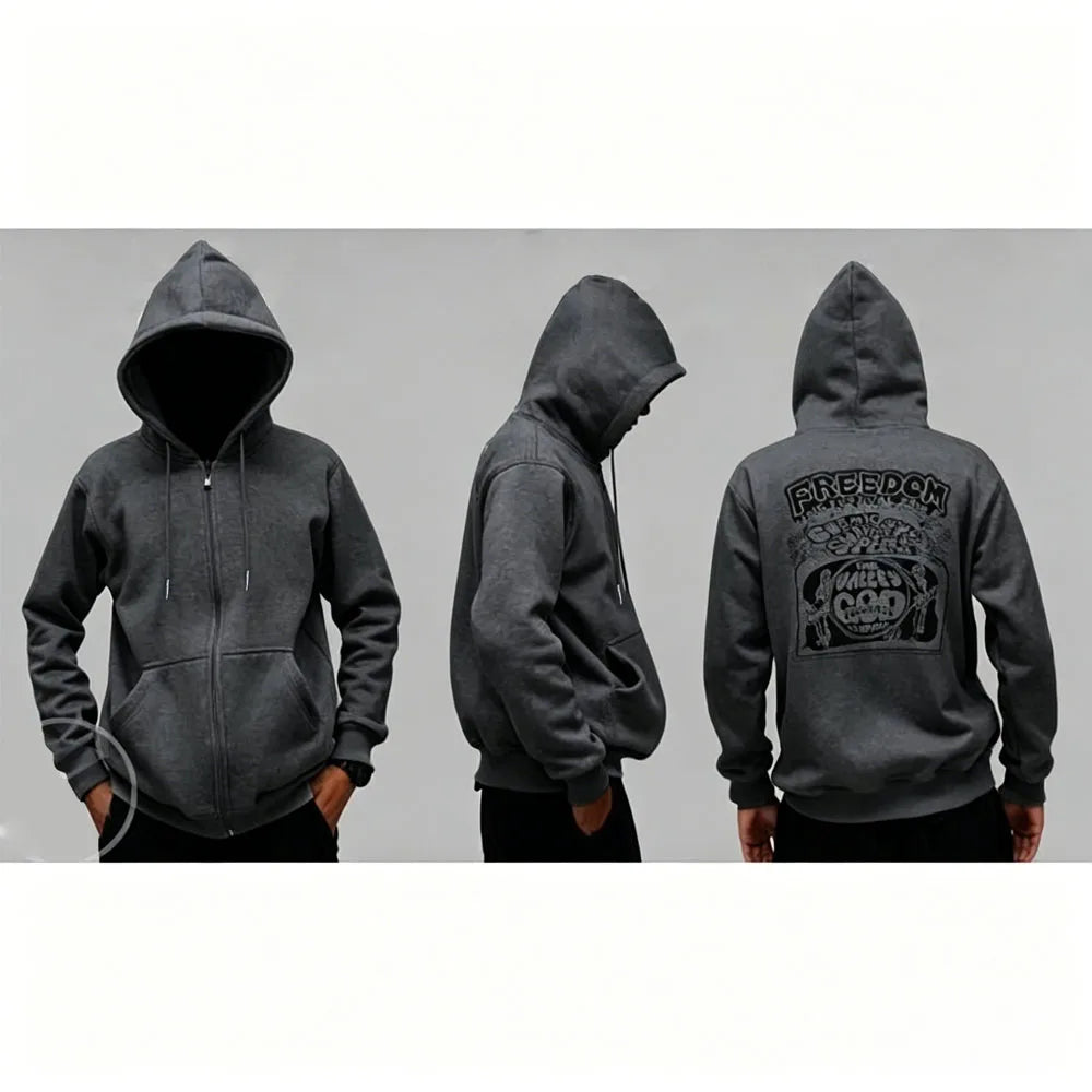 Back Graphic Long Sleeve Full Zip Casual Hoodie