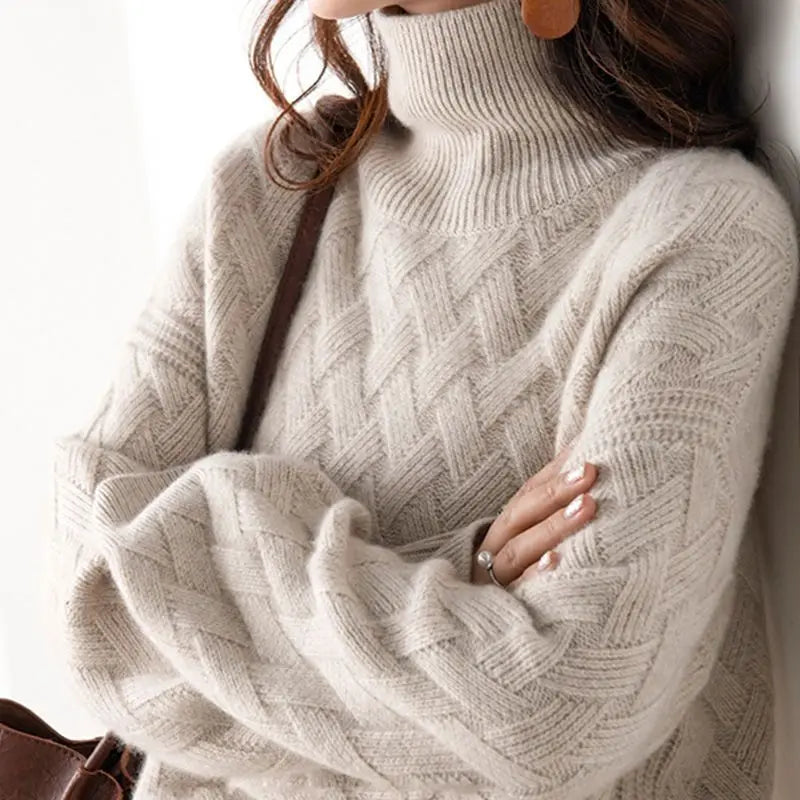 Women's Wool-Polyester Solid Long-Sleeve Turtleneck Loose Knit Pullover Sweater for Winter Outfits