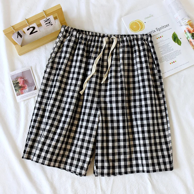 Men's Plaid Drawstring Sleep Shorts for Home Wear