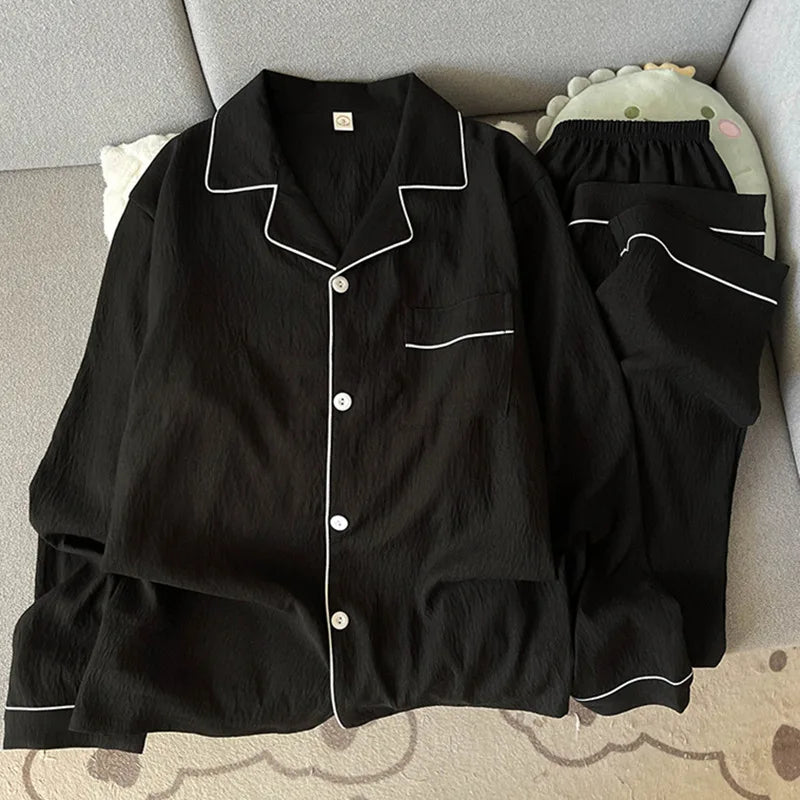 Men's Solid Contrast Trim Button Front Shirt and Pants Pajama Set