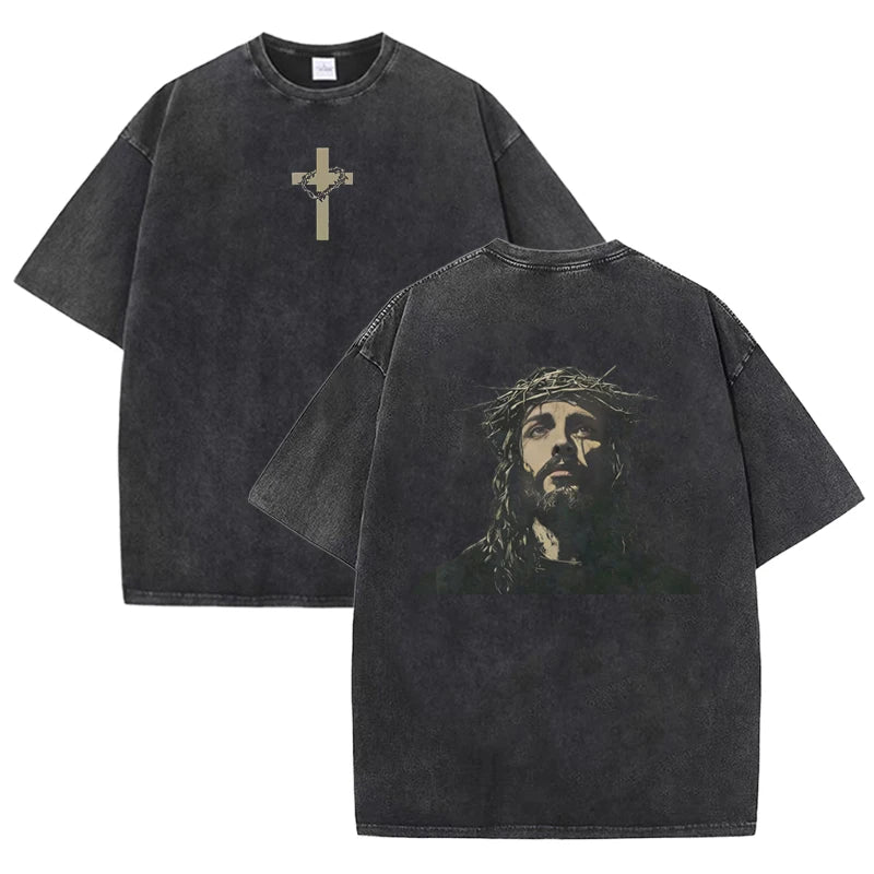Men's Religious Graphic Tee - Jesus Crown of Thorns Oversized Cotton T-Shirt Casual Streetwear