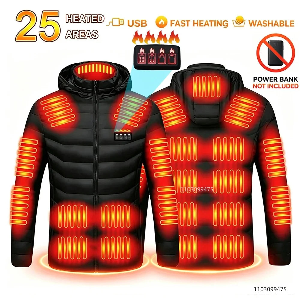 USB Heated Hooded Full Zip Long Sleeve Outdoor Jacket