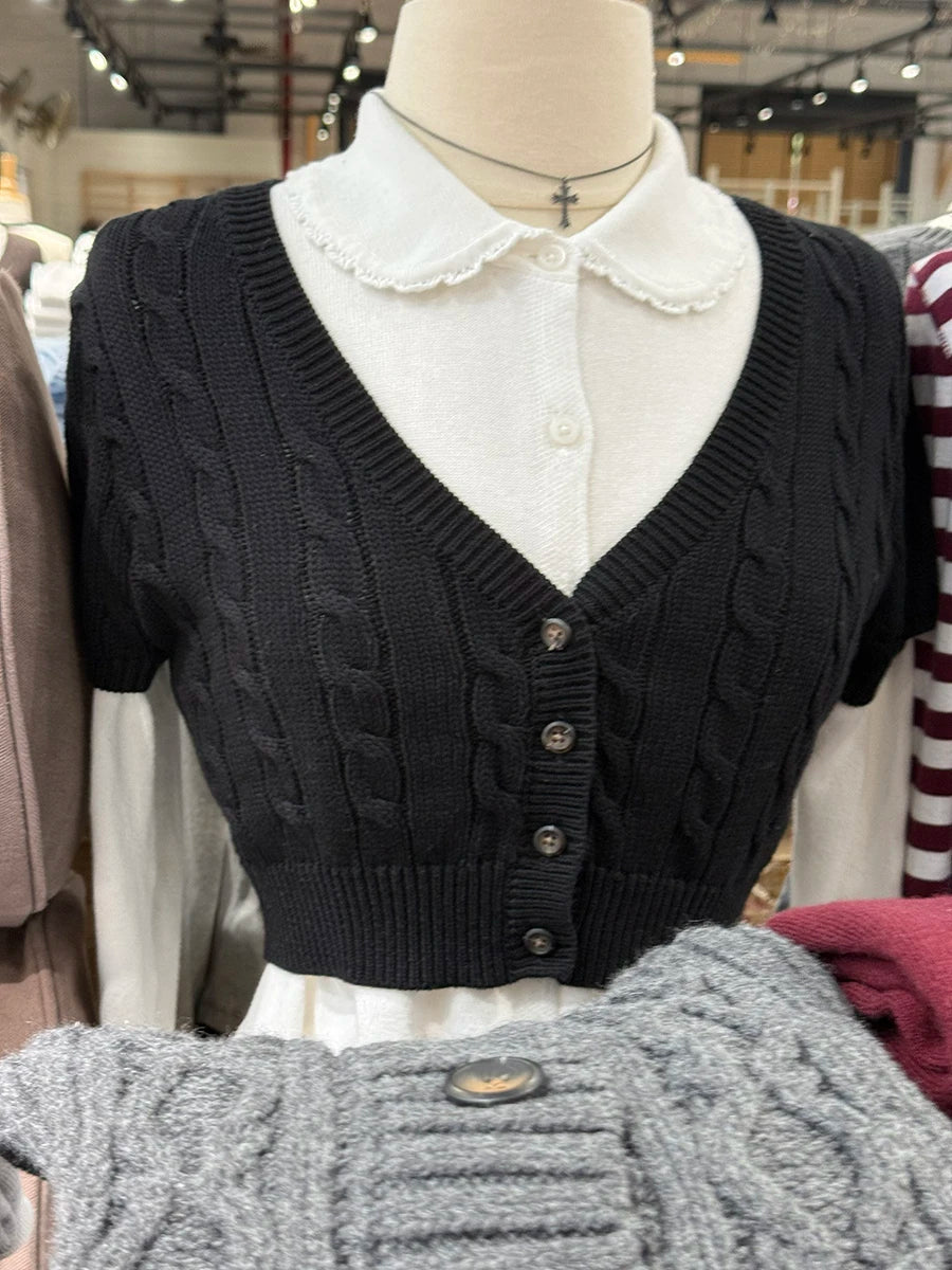 Women's Cropped V Neck Button Front Cardigan Casual Knit Layer
