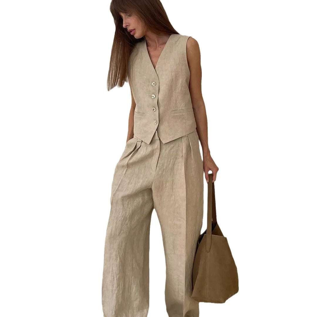 Women's Button Front Vest and Wide Leg Pants Set