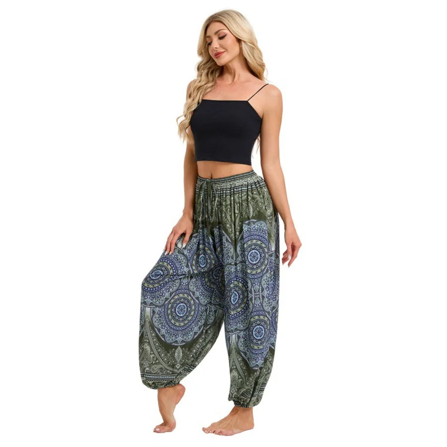 Women's Printed Rayon Harem Pants with Elastic Waist and Loose Gathered Legs