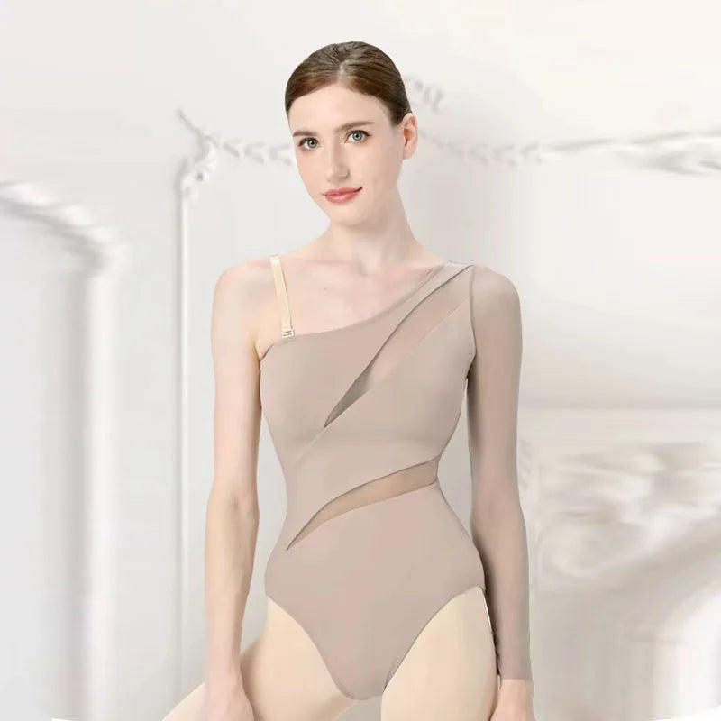Women's Asymmetric Mesh Ballet Leotard with Diagonal Bodice and Long Sleeve
