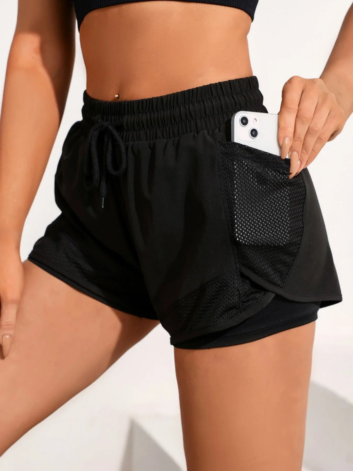 Women's Two Layer Polyester Running Shorts with a Drawstring Waist