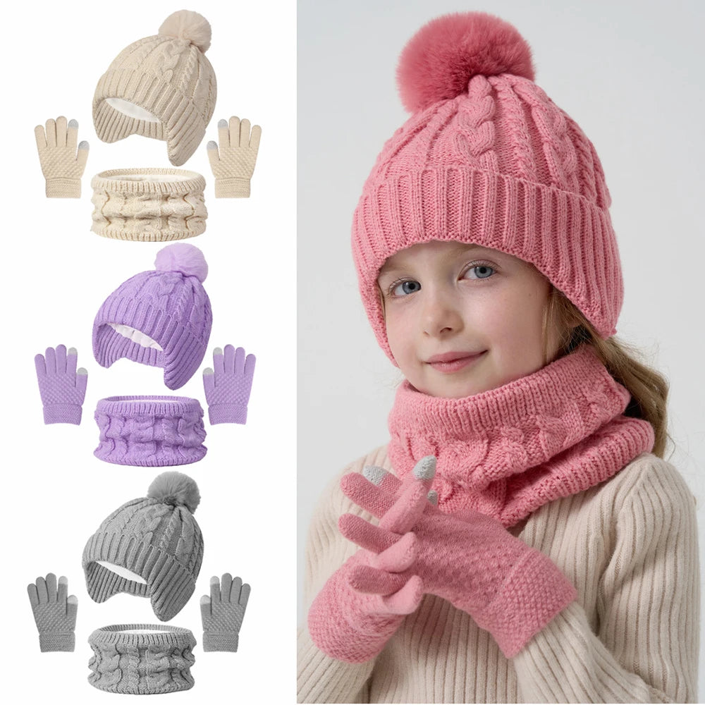 Children's Knitted Beanie Hat Scarf and Gloves Set for Winter Wear